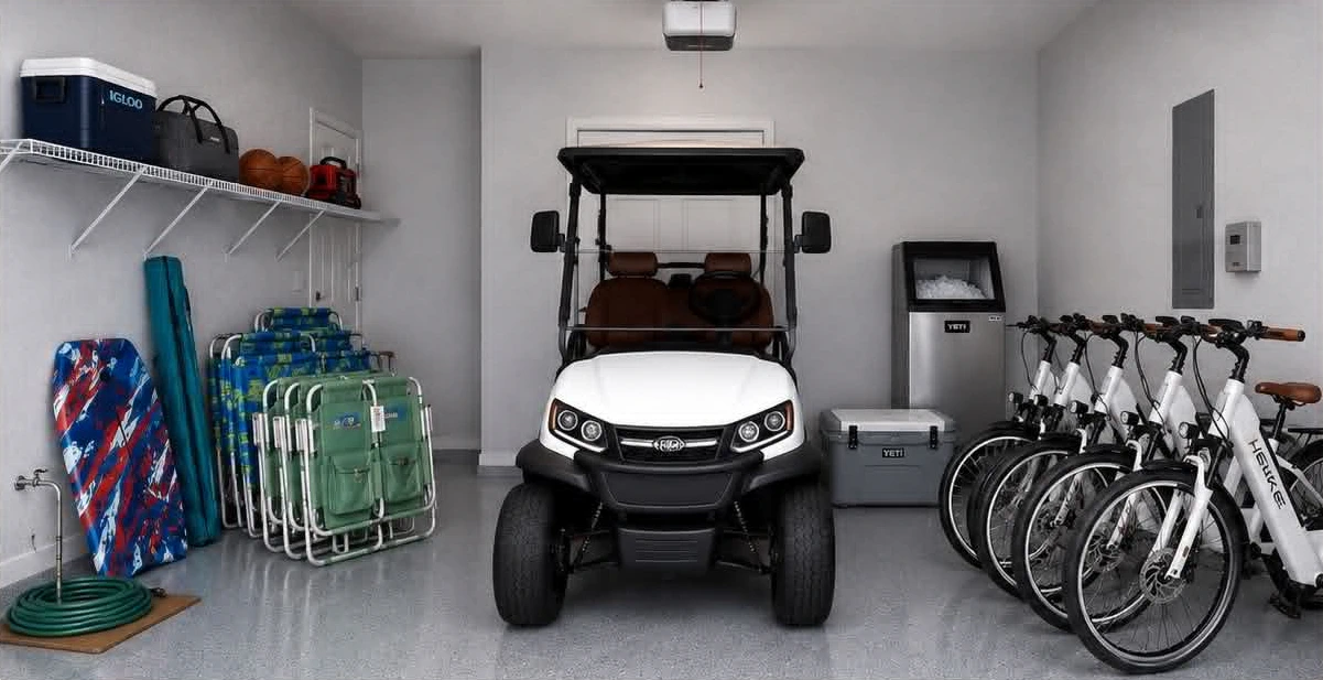 Sea Dreams Destin Garage Amenities with Golf Cart, Electric Bikes and Beach Gear