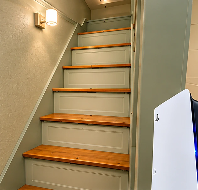 Ultimate Bunk Room stairs with built-in storage